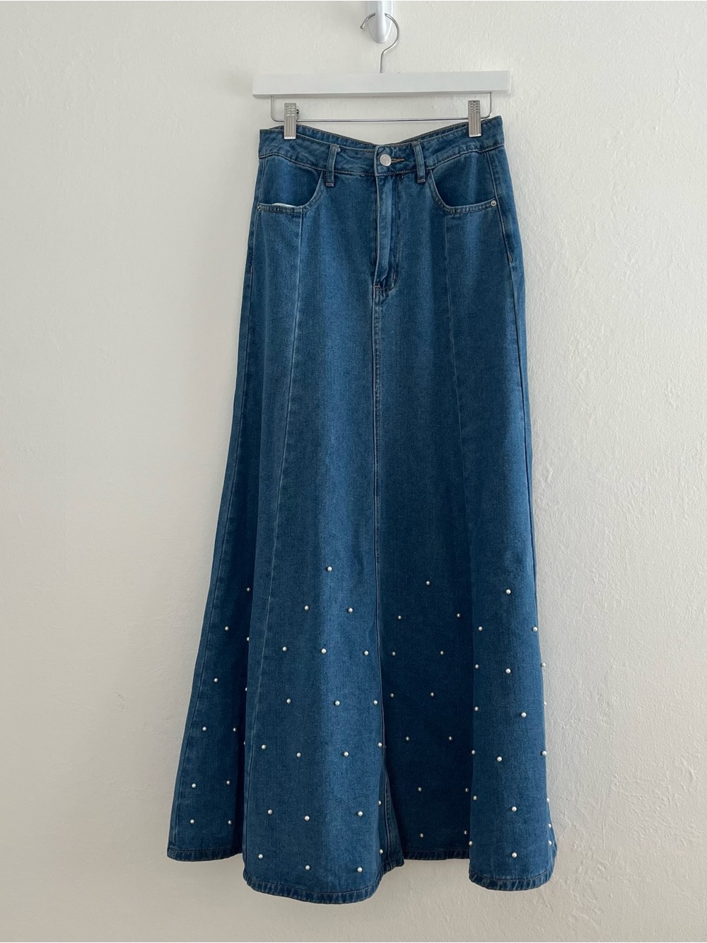 Blue Denim Maxi Skirt Sz 2 Button-Fly Pearl Embellished Detail Western Prairie